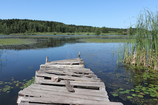 Old mooring bridge on the water, Karakan River, Novosibirsk region, Russia