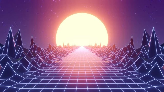 3d Retro futuristic background 80s style,Retro wave, synthwave wireframe animated grid, 80s retro futuristic background in endless loop,80s Retro Futurism sunset or sunrise,4k