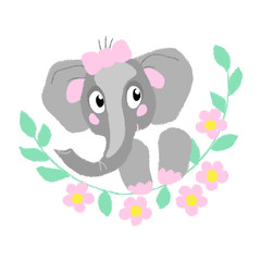vector elephant cute baby girl  wild animal with pink bow and flower wreath card  illustration for textile childish posters 