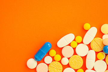 pills, different types of medicine for the disease, medical preparations. background top view. copy space for text