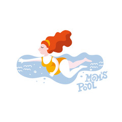 Vector colorful flat illustration of a pregnant woman. Girl is swimming in a pool. Lettering Mom's Pool. Identity concept for pregnancy clinics, courses, postcards. Hand drawn graphics design template