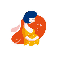 Vector colorful flat illustration of a pregnant woman. Happy, calm girl is waiting for a child Identity concept for pregnancy clinics, courses, postcards, posters, print. Hand drawn graphics template.