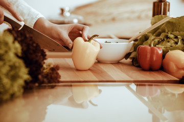 Unknown human hands cooking in kitchen. Woman slicing yellow bell pepper. Healthy meal, and vegetarian food concept