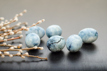 Six blue marble eggs, painted in hibiscus tea, with willow branches lie on black background