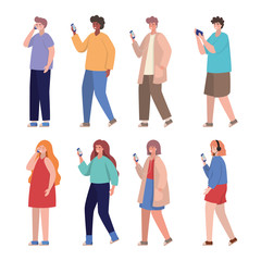 Obraz premium Boys and girls with smartphones vector design