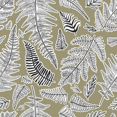Abstract seamless pattern design with abstract blobs, hand drawn floral and fern leaves and branches. Tileable repeating background for branding,package, fabric and textile, wrapping paper