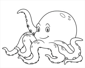 animal octopus. vector illustration. For pre school education, kindergarten and kids and children. Coloring page and books, zoo topic. sea ocean animal with smiling happy face, friendly and tentacles