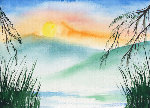 Watercolor landscape blue & green mountain peaks with grass & tree branches in Chinese Ink technique. Sunrise peaceful calm mountains background - relax, restore, meditate. Asian style sumi-e painting