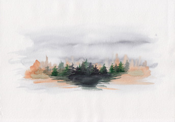 Watercolor soothing landscape with green & orange pine trees forest. Peaceful tranquil hand drawn nature background for relaxation, restore meditation. Paper arts meditative calming hand sketch. 
