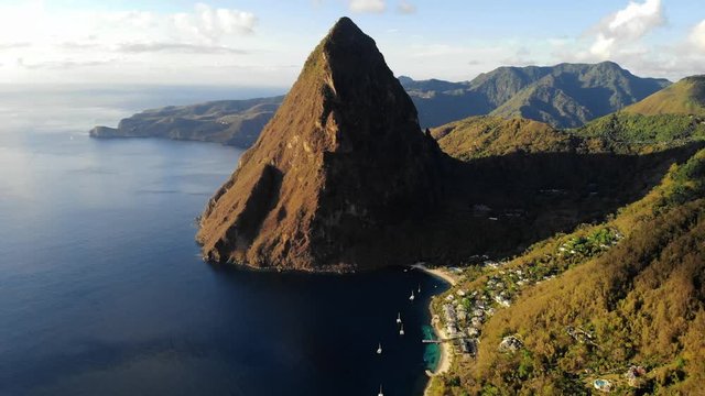 Huge pitons drone view at Saint Lucia sugar beach St Lucia mountains
