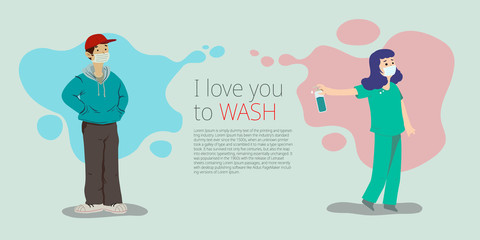 A man wearing face mask looks at his girlfriend from distance, girl wearing hospital nursing gown look away and holding a bottle of hygienic gel in her hand asking him to wash his hand