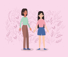 Women holding hands at park and leaves vector design