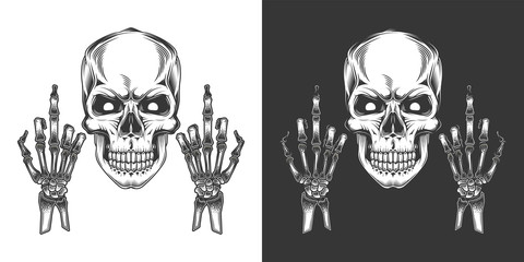 Original monochrome vector illustration in vintage style. Skull with eyes with two hands with the middle finger extended.