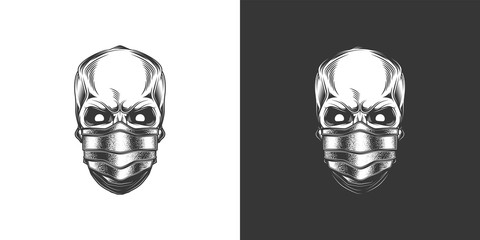 Original monochrome vector illustration in retro style of a human skull in a medical mask.