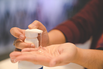 washing hands with alcohol gel concept. prevent the spread of germs and bacteria and avoid infections corona virus, Covid19 , High Res
