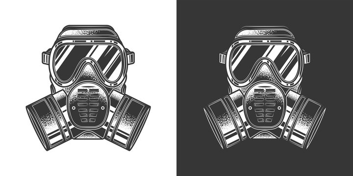 Original monochrome vector illustration. Chemical gas mask respirator with protective glass and filters in vintage style.