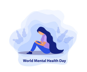 World Mental Health Day. Girl in sadness, depression concept. Isolated on a white background. Vector illustration