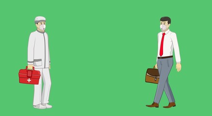Animation. A man - a doctor is walking with a medical box in his hands. An office worker goes to a meeting. They have medical masks on their faces. To combat coronavirus. Green background to replace.