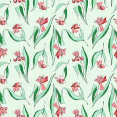 Tulips Flowers Seamless Pattern. Hand Drawn Illustration.