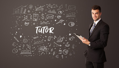 Businessman thinking with TUTOR inscription, business education concept