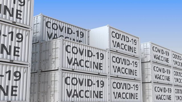 Cargo containers with COVID-19 coronavirus disease vaccine. Conceptual looping 3D animation