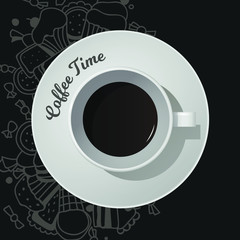 Vector cup of coffee on dark background with different sweets. Top view of cup.