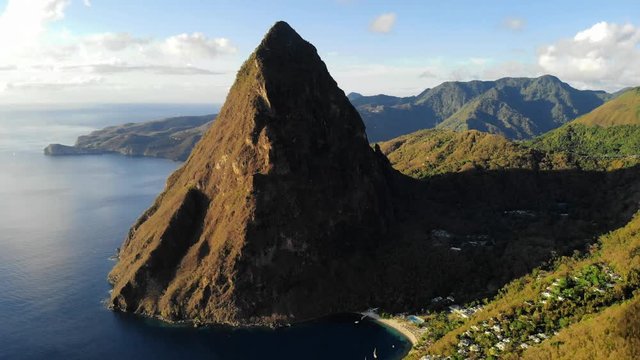 Huge pitons drone view at Saint Lucia sugar beach St Lucia mountains