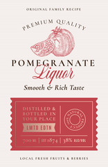 Family Recipe Pomegranate Liquor Acohol Label. Abstract Vector Packaging Design Layout. Modern Typography Banner with Hand Drawn Fruit with Slice Silhouette Logo and Background.
