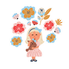 Illustration -girl hugging yorkshire terrier puppy