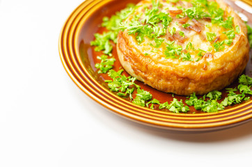Quiche Lorraine, smoked bacon with medium  and mature cheddar cheese and egg quiche filling in a shortcrust pastry