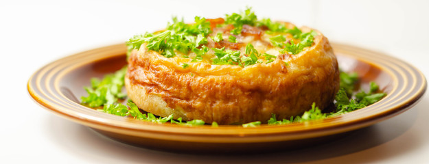 Quiche Lorraine, smoked bacon with medium  and mature cheddar cheese and egg quiche filling in a shortcrust pastry