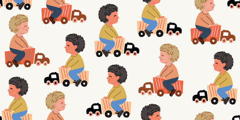Obraz na płótnie Canvas seamless pattern with boys playing kids toys, cars