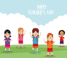 happy teachers day card with students in the field