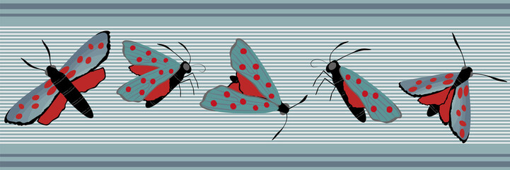 Six spot burnet butterfly seamless vector border. Day flying moth banner on slate blue stripes. Colorful hand drawn Scottish coastal insect illustration. Scotland summer wildlife ribbon, edge trim