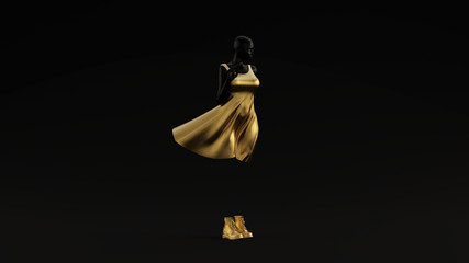 Black Gold Girl in a Summer Dress Standing Waving with Invisible Legs in Big Boots Black Background Front View 3d illustration 3d render