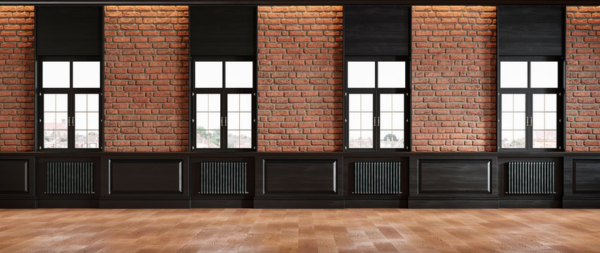 Classic loft room interior with brick wall classic wall panel and windows. 3d render illustration mock up.