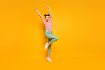 Yeah. Full body photo of funky attractive lady cheerleader raise fists screaming astonished wear...