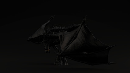 Black Horned Winged Black Dragon Black Background 3d illustration 3d render