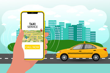 Public taxi mobile application concept. Hand holding smart phone with taxi app on display. Order card driver online © IceVector