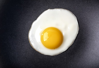 Closeup photo of fried egg on the pan surface