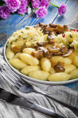 Braised pork loin with mushrooms.