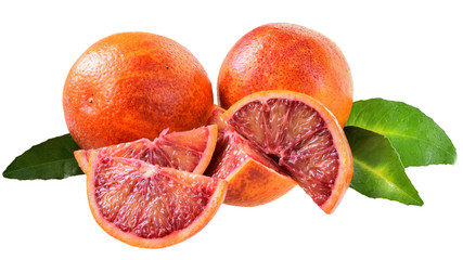 Blood orange slice with leaf isolated