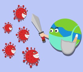 Illustration vector design of earth using medical mask and carrying sword and the shield for fighting coronavirus
