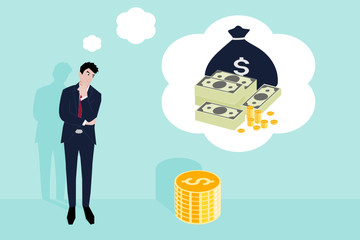 Businessman thinking manage few coin how to became many money. vector illustration