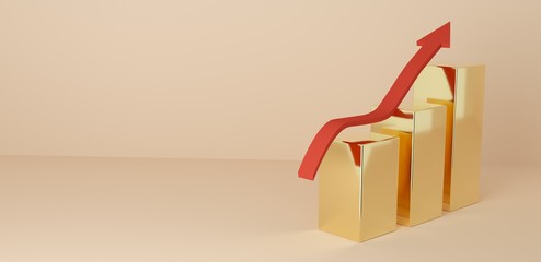3d rendered illustation of gold bars and red arrow. investment in gold stock, financial growth