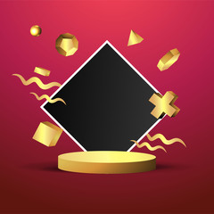 Metallic golden stage with floating geometrical forms and round platform, realistic minimal background, 3d luxury frame scene for product presentation