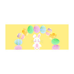 This is flat happy Easter Day background. Cute vector banner with chick and Easter eggs on yellow background.
