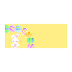 This is flat happy Easter Day background. Cute vector banner with bunny and Easter eggs on yellow background.