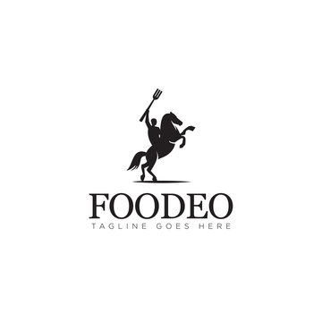 foodeo logo, from food and rodeo with horse and army bring fork as weapon vector