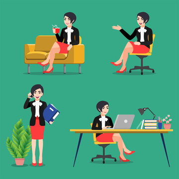 Cartoon character with business woman poses set. Business people working, sitting at desk and using laptop on green background, flat icon vector